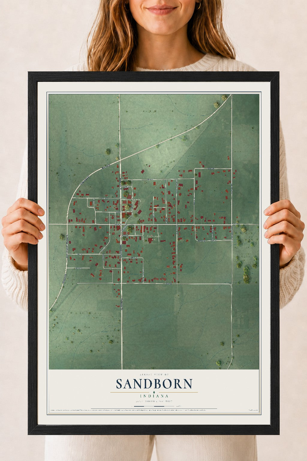 Map of Sandborn, Indiana, 18 x 24 inch print in a black wood frame