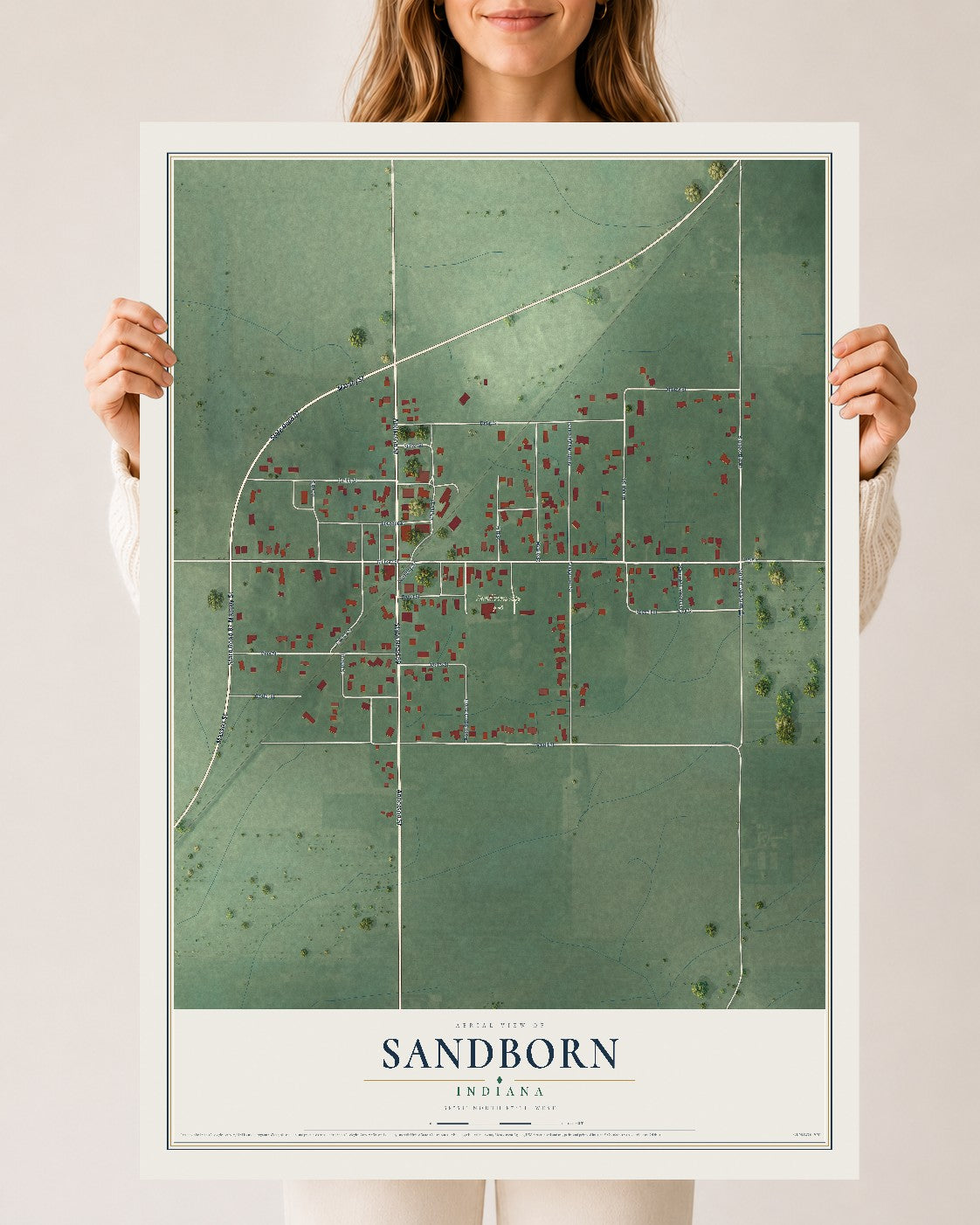 Map of Sandborn, Indiana, 24 x 36 inch unframed archival matte print