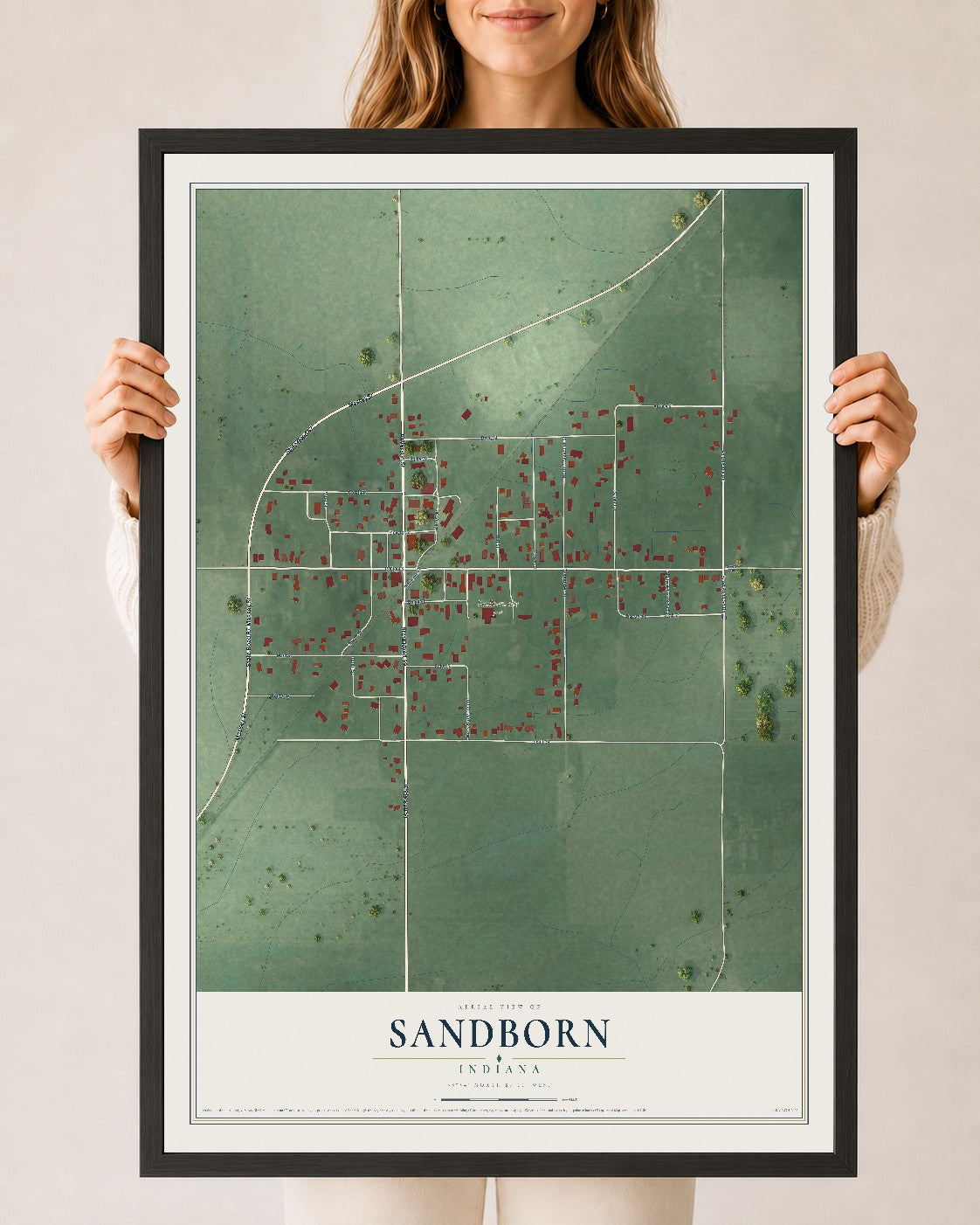 Map of Sandborn, Indiana, 24 x 36 inch print in a black wood frame