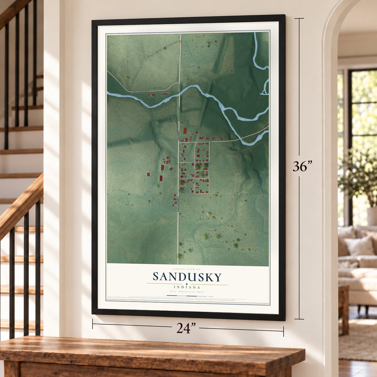 Sandusky, Indiana map, 24 x 36 inch print in a black frame by a staircase