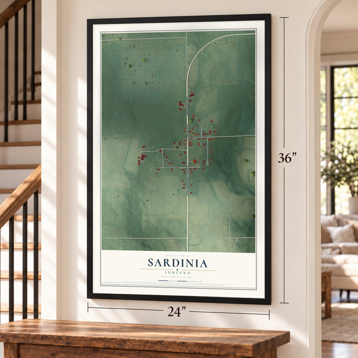 Sardinia, Indiana map, 24 x 36 inch print in a black frame by a staircase