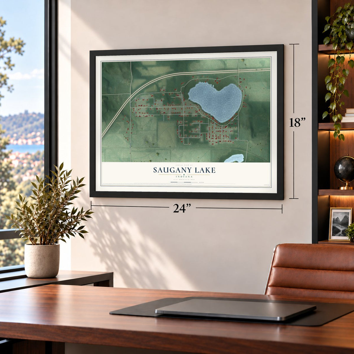 Saugany Lake, Indiana map, 18 x 24 inch print in a black frame in a home office