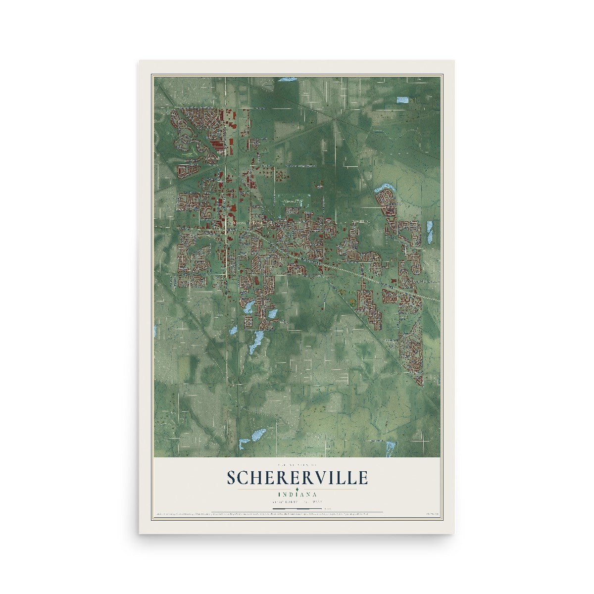 Map of Schererville, Indiana, 12 x 18 inch unframed archival matte print