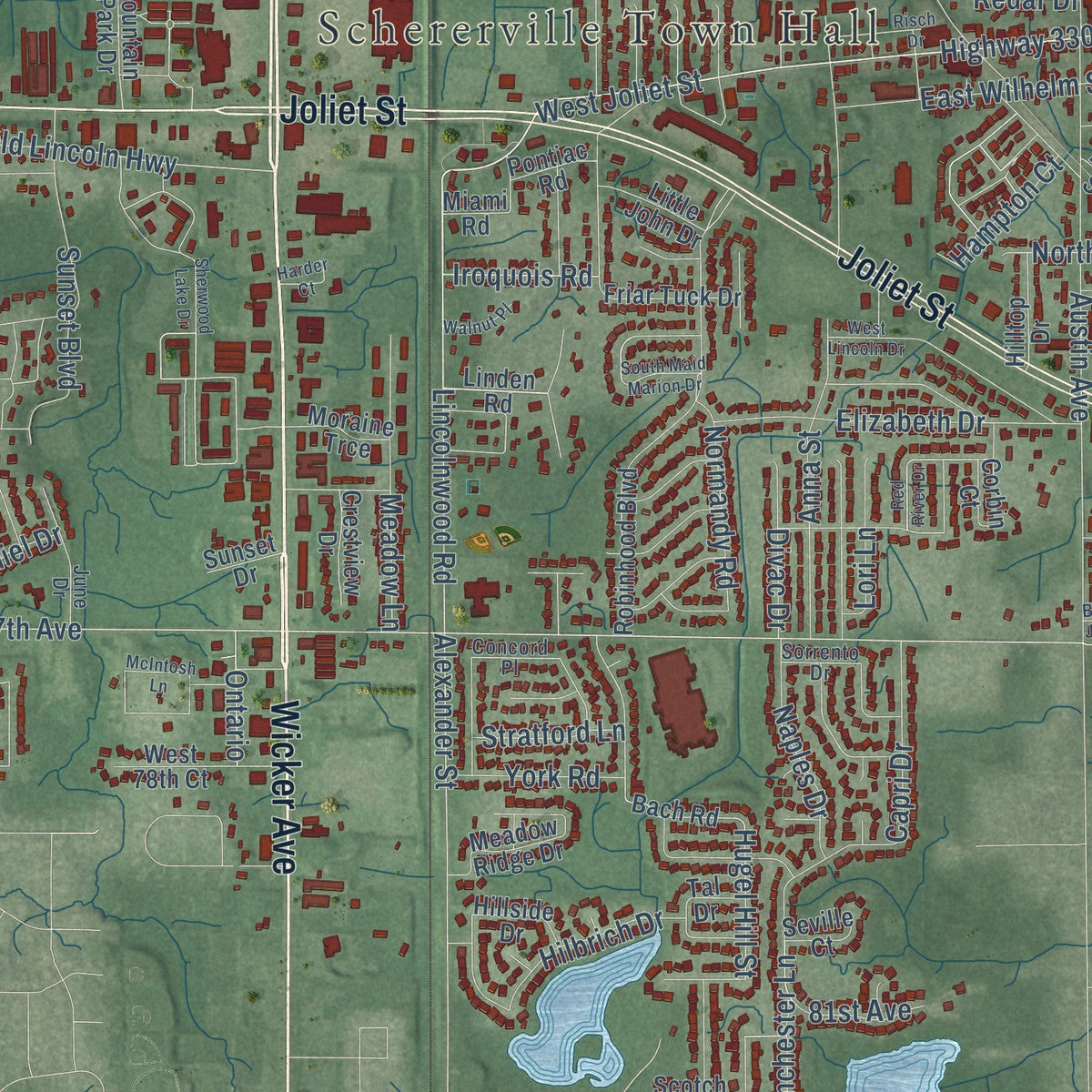 Close-up of the map of Schererville, Indiana print showing street and building detail