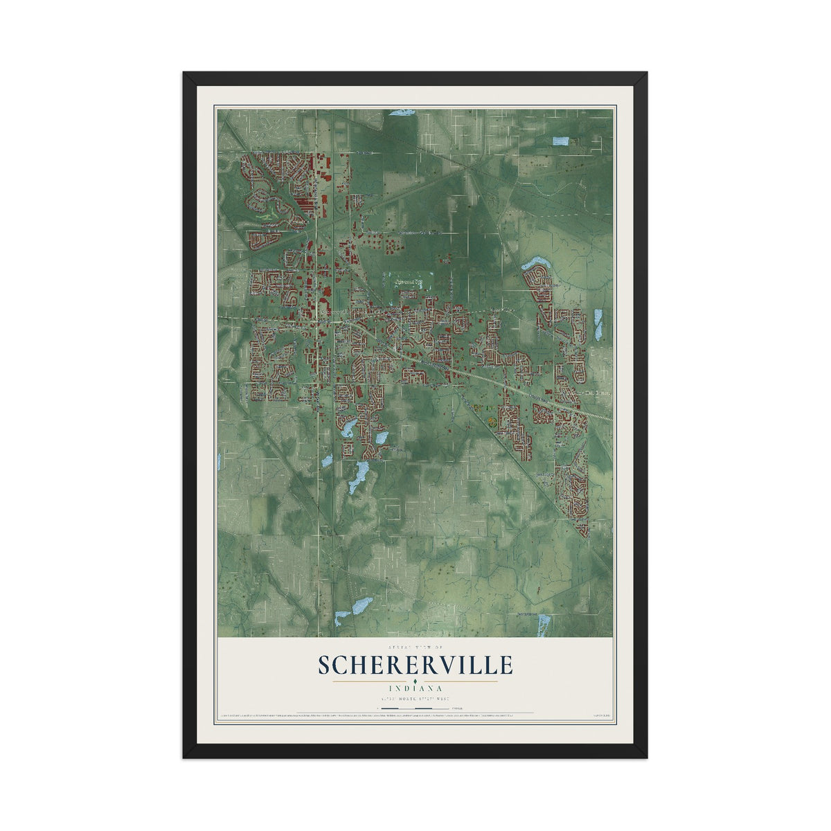 Map of Schererville, Indiana, 12 x 18 inch print in a black wood frame