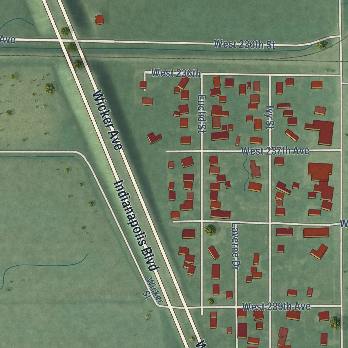 Close-up of the map of Schneider, Indiana print showing street and building detail
