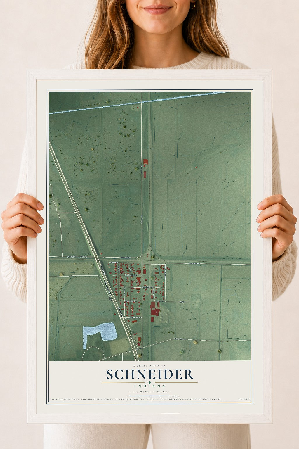 Map of Schneider, Indiana, 18 x 24 inch print in a white wood frame
