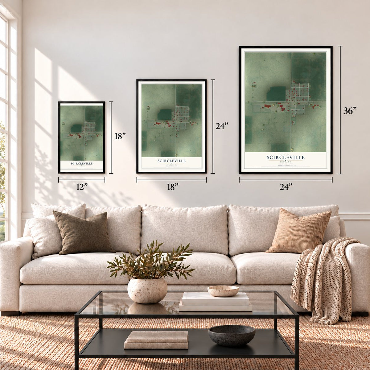 Scircleville, Indiana map in 12 x 18, 18 x 24 and 24 x 36 inch sizes above a sofa