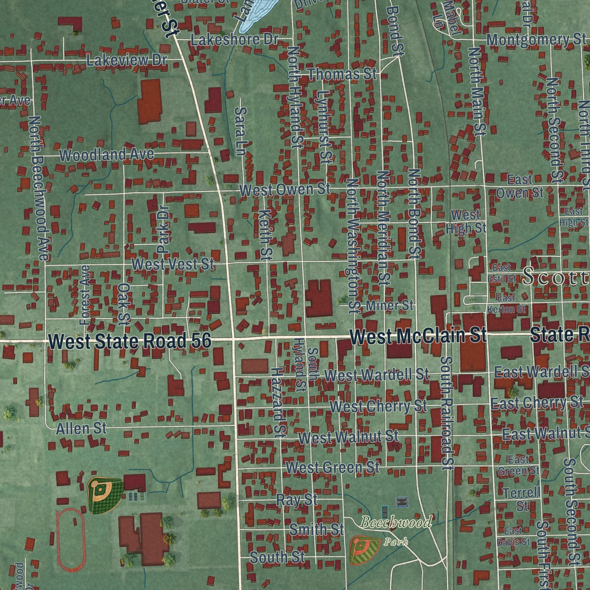 Close-up of the map of Scottsburg, Indiana print showing street and building detail