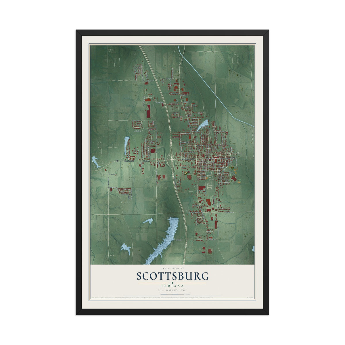 Map of Scottsburg, Indiana, 12 x 18 inch print in a black wood frame