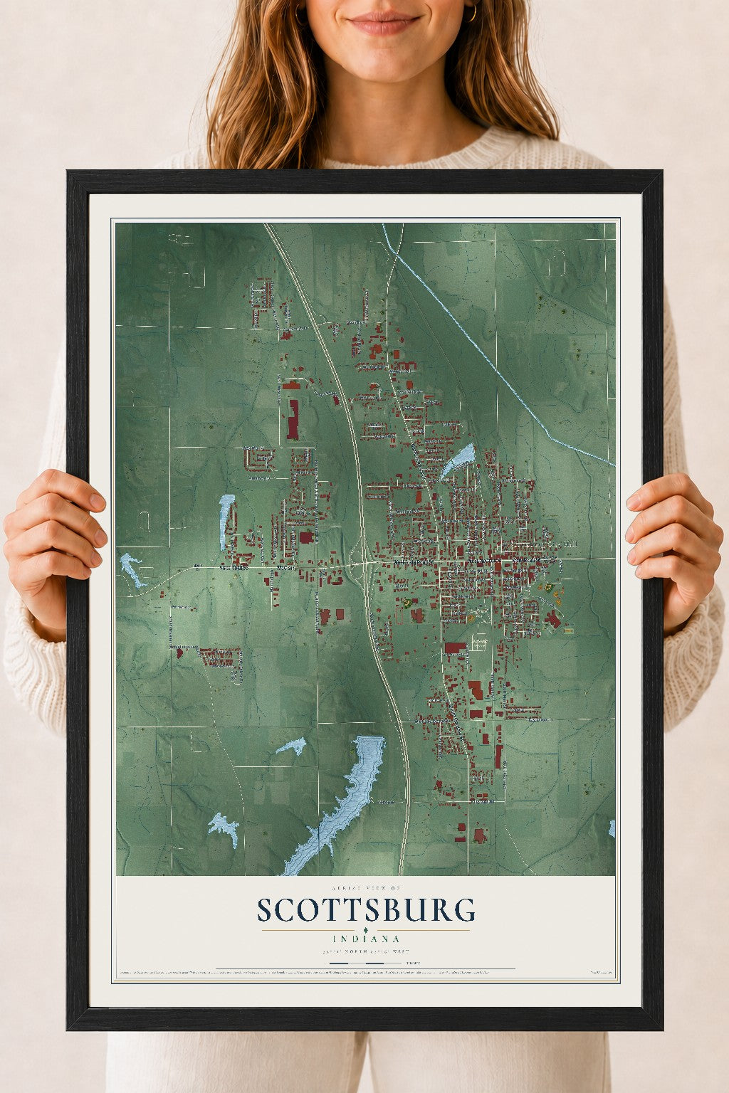 Map of Scottsburg, Indiana, 18 x 24 inch print in a black wood frame