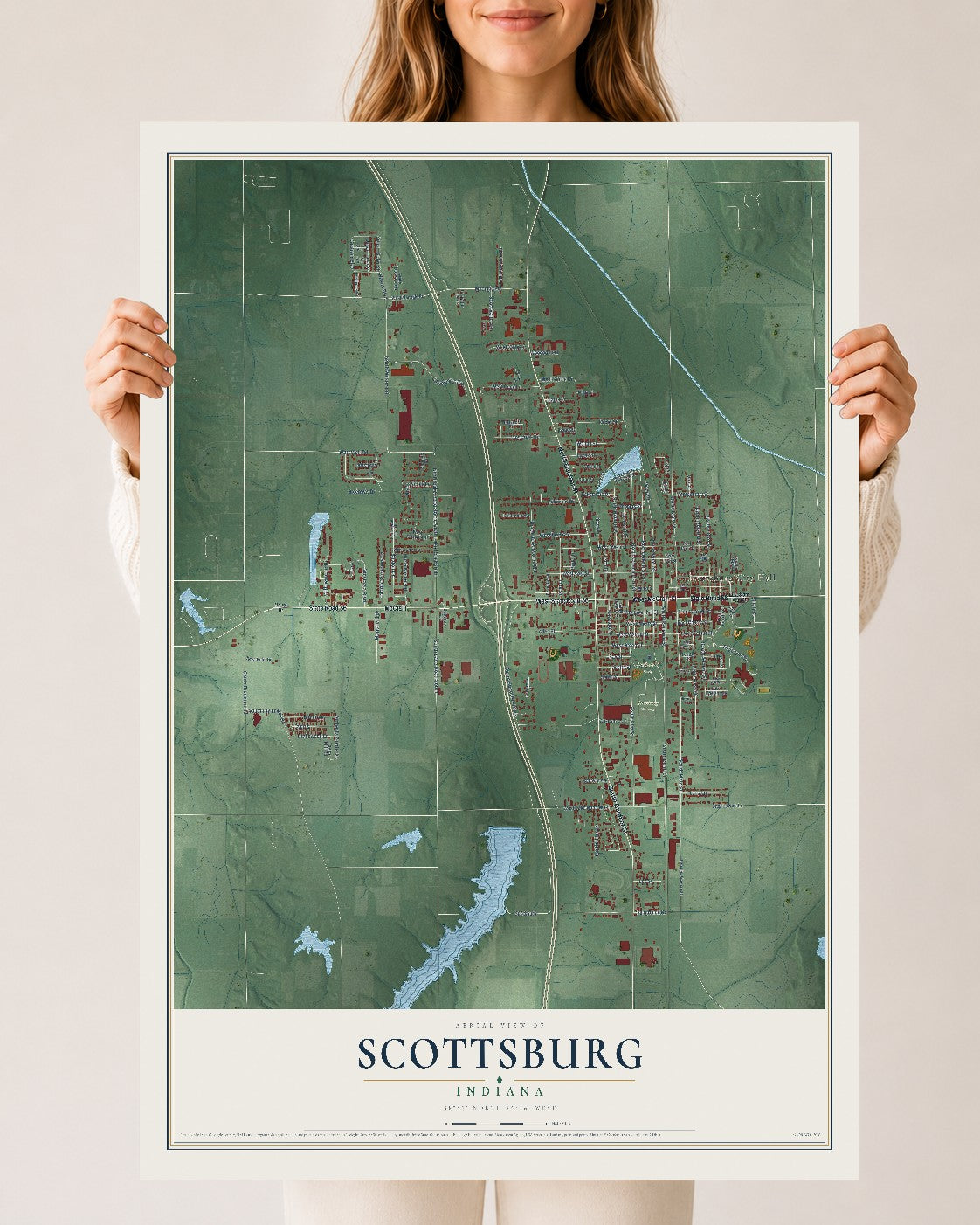 Map of Scottsburg, Indiana, 24 x 36 inch unframed archival matte print