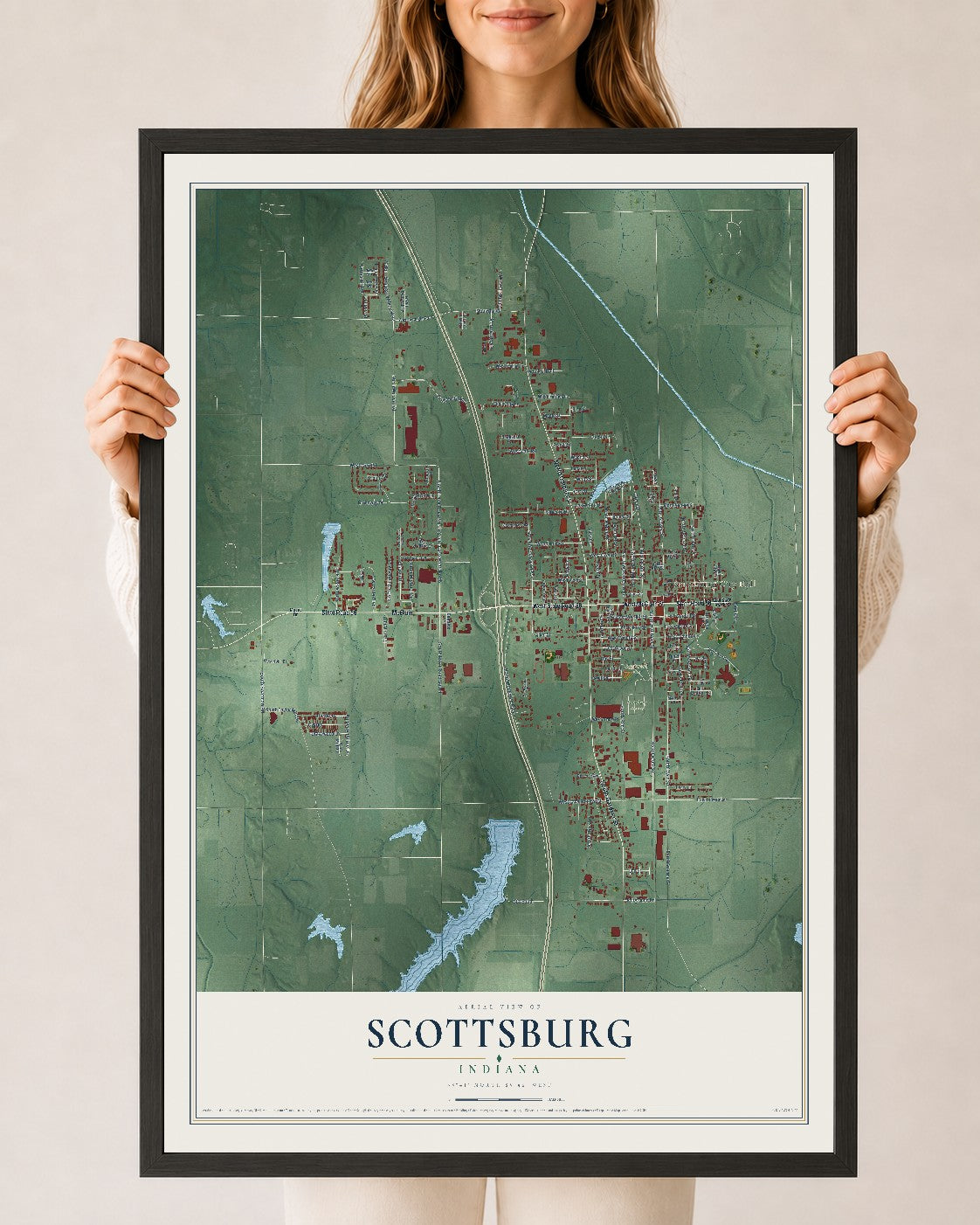 Map of Scottsburg, Indiana, 24 x 36 inch print in a black wood frame