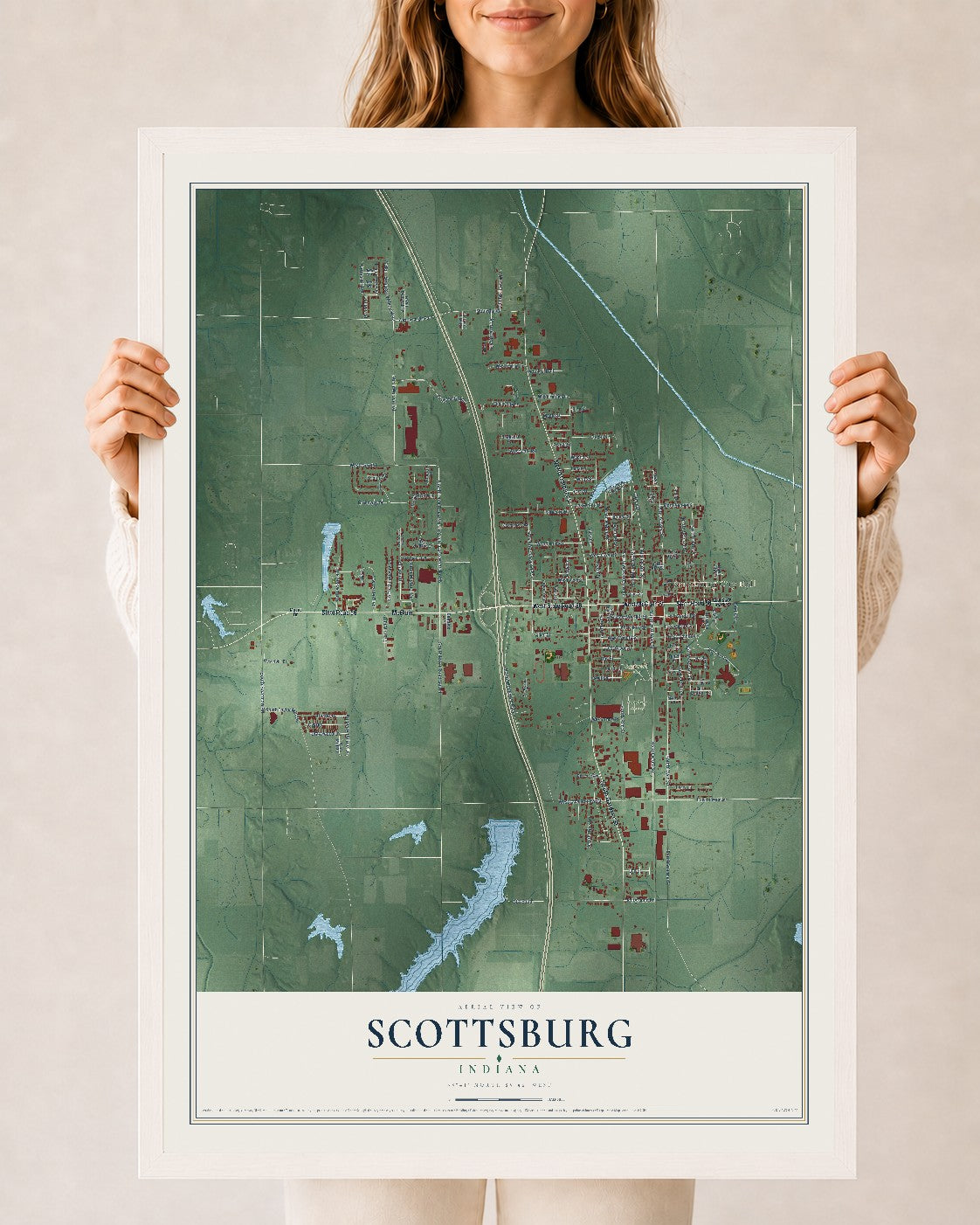 Map of Scottsburg, Indiana, 24 x 36 inch print in a white wood frame