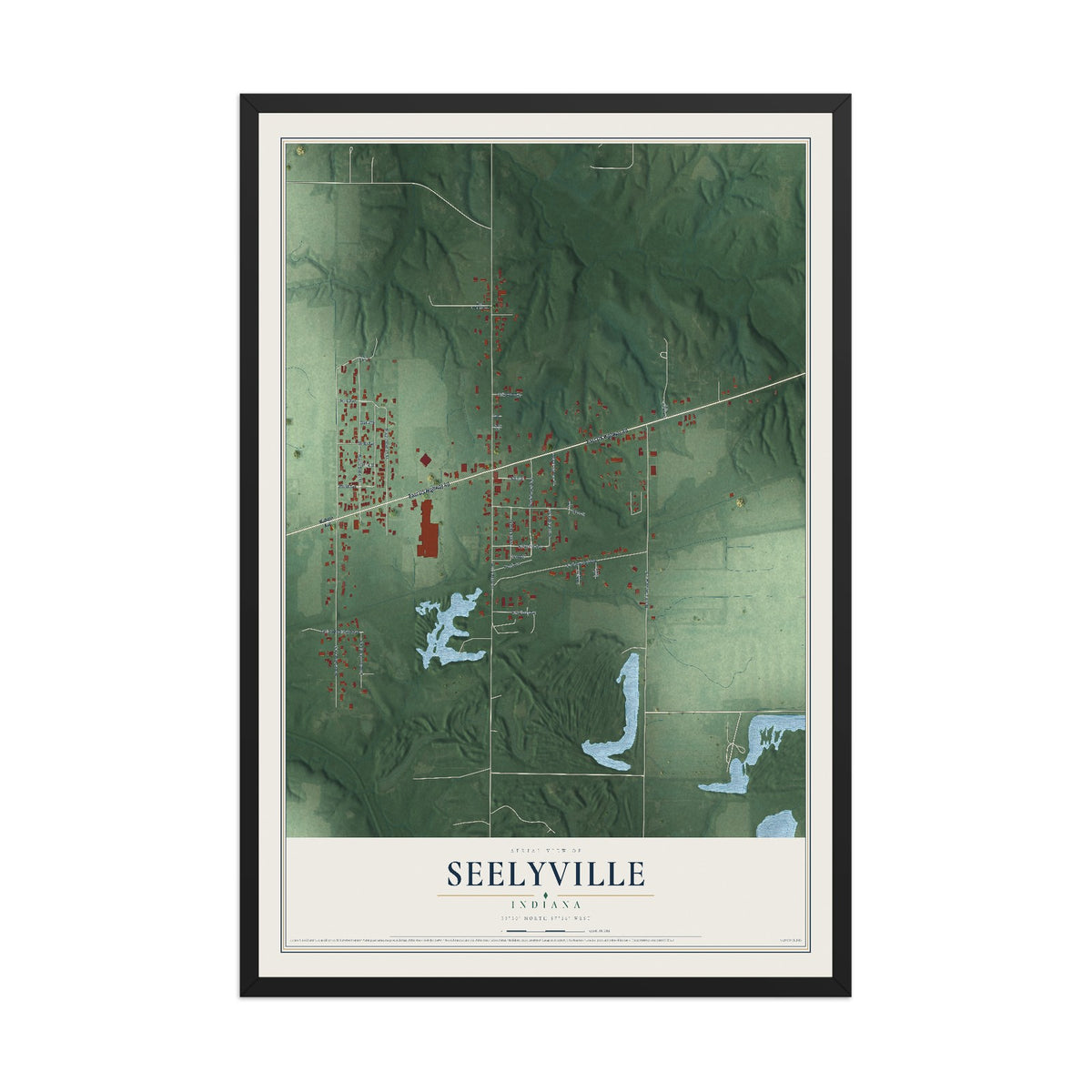 Map of Seelyville, Indiana, 12 x 18 inch print in a black wood frame