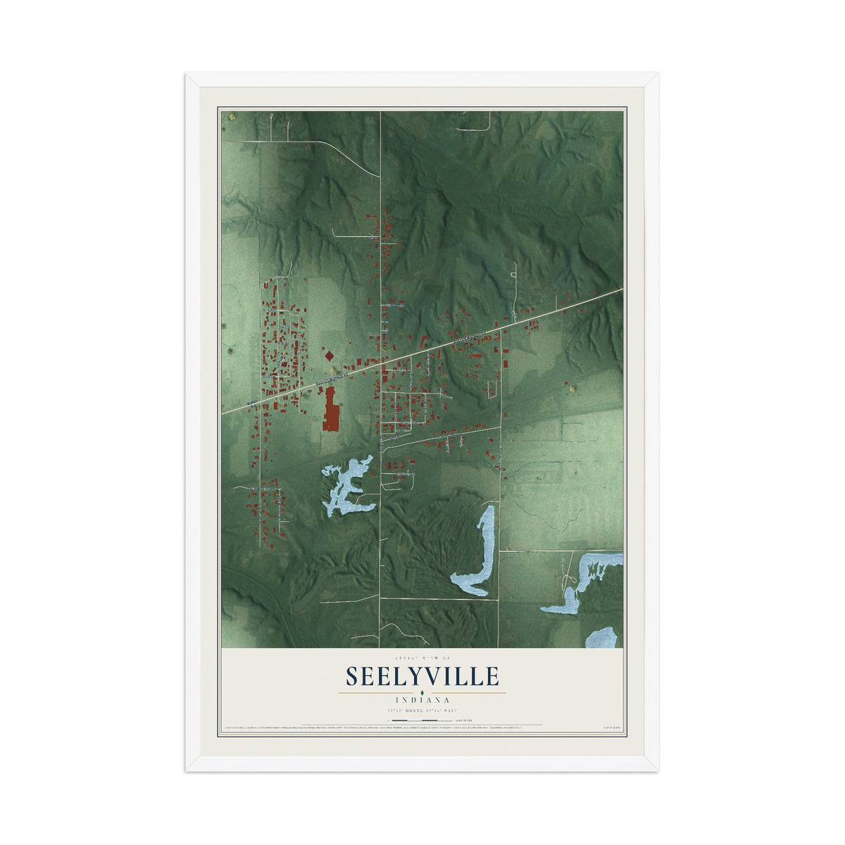 Map of Seelyville, Indiana, 12 x 18 inch print in a white wood frame