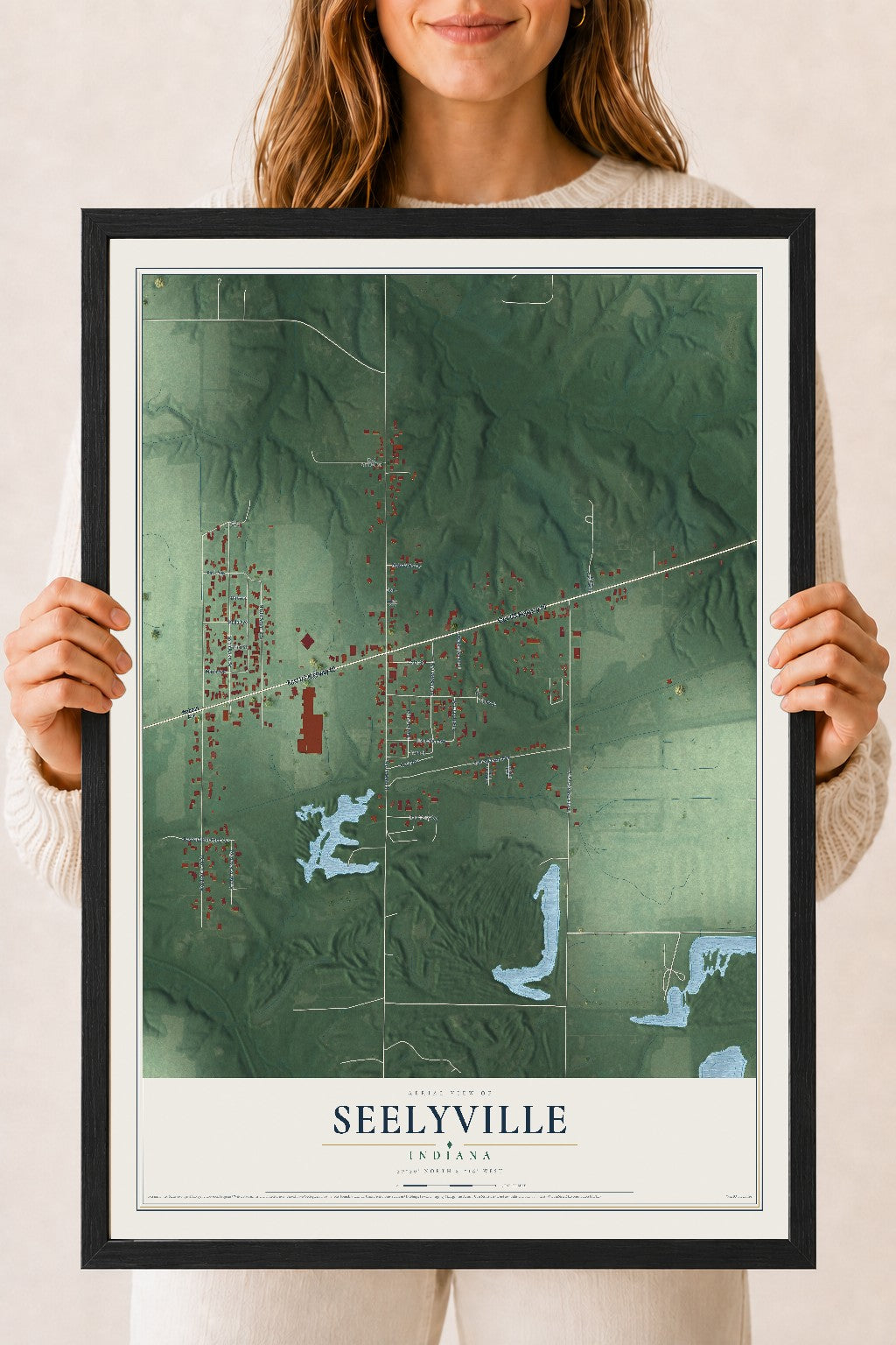 Map of Seelyville, Indiana, 18 x 24 inch print in a black wood frame