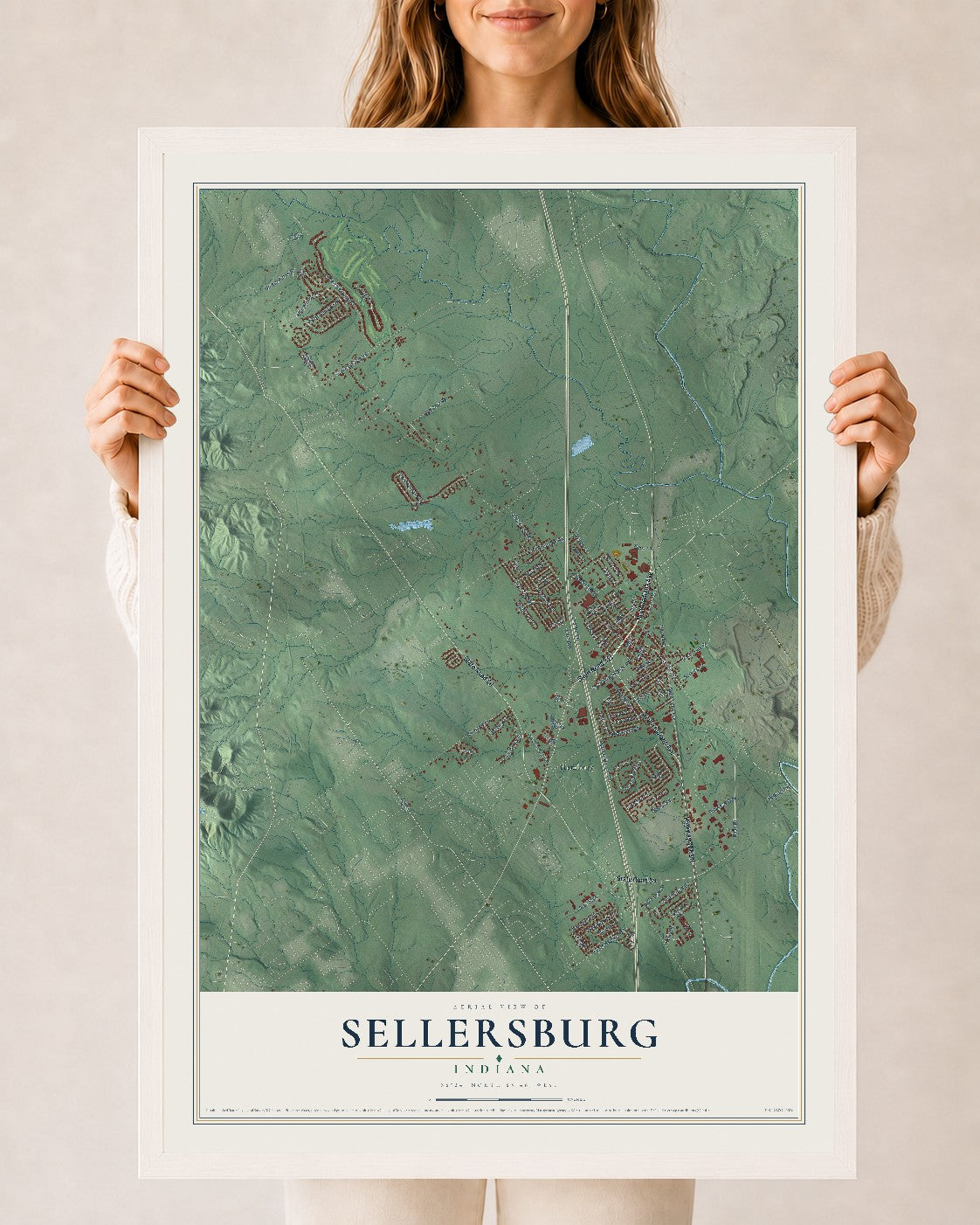 Map of Sellersburg, Indiana, 24 x 36 inch print in a white wood frame