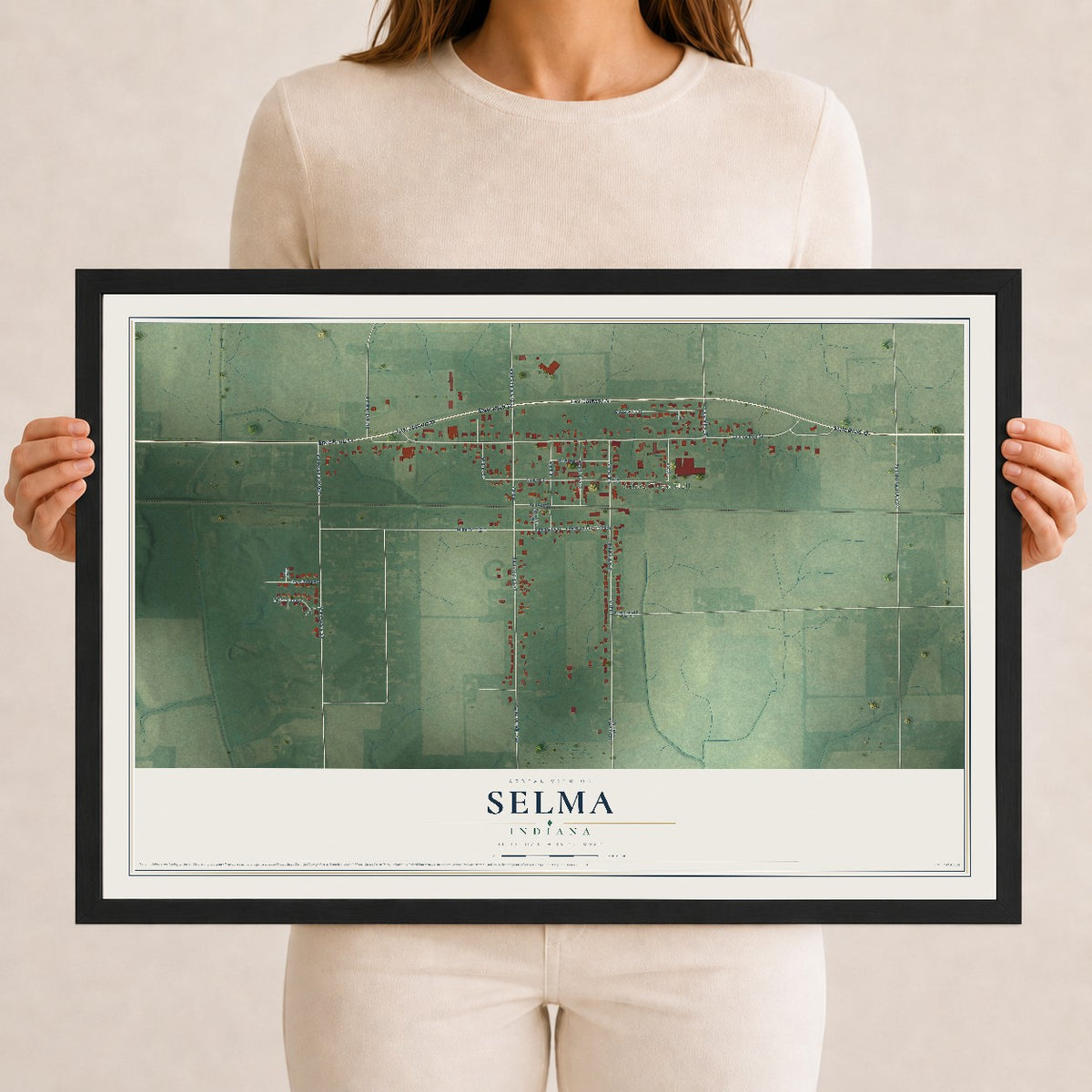 Map of Selma, Indiana, 12 x 18 inch print in a black wood frame