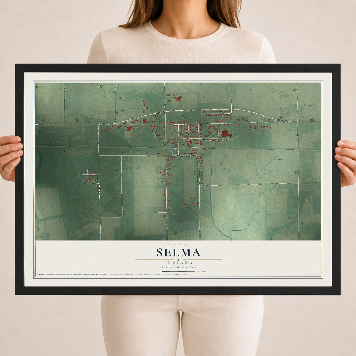 Map of Selma, Indiana, 18 x 24 inch print in a black wood frame