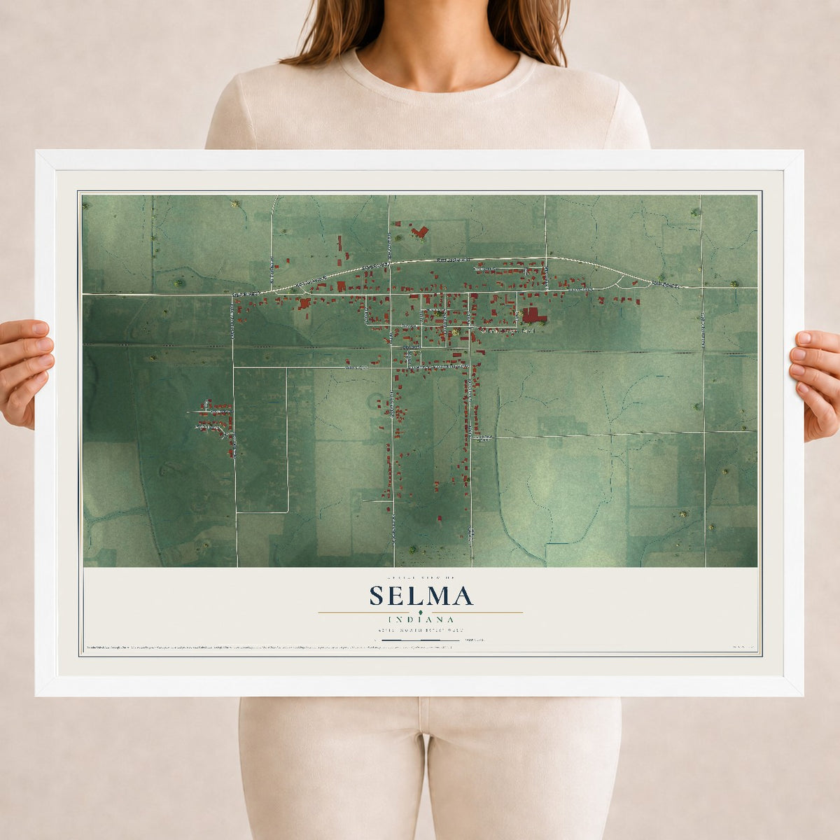 Map of Selma, Indiana, 18 x 24 inch print in a white wood frame