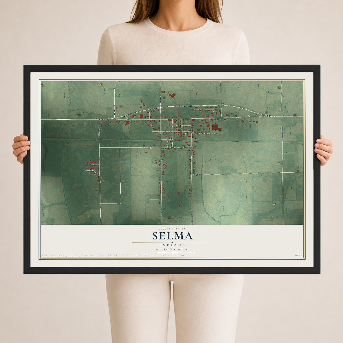 Map of Selma, Indiana, 24 x 36 inch print in a black wood frame