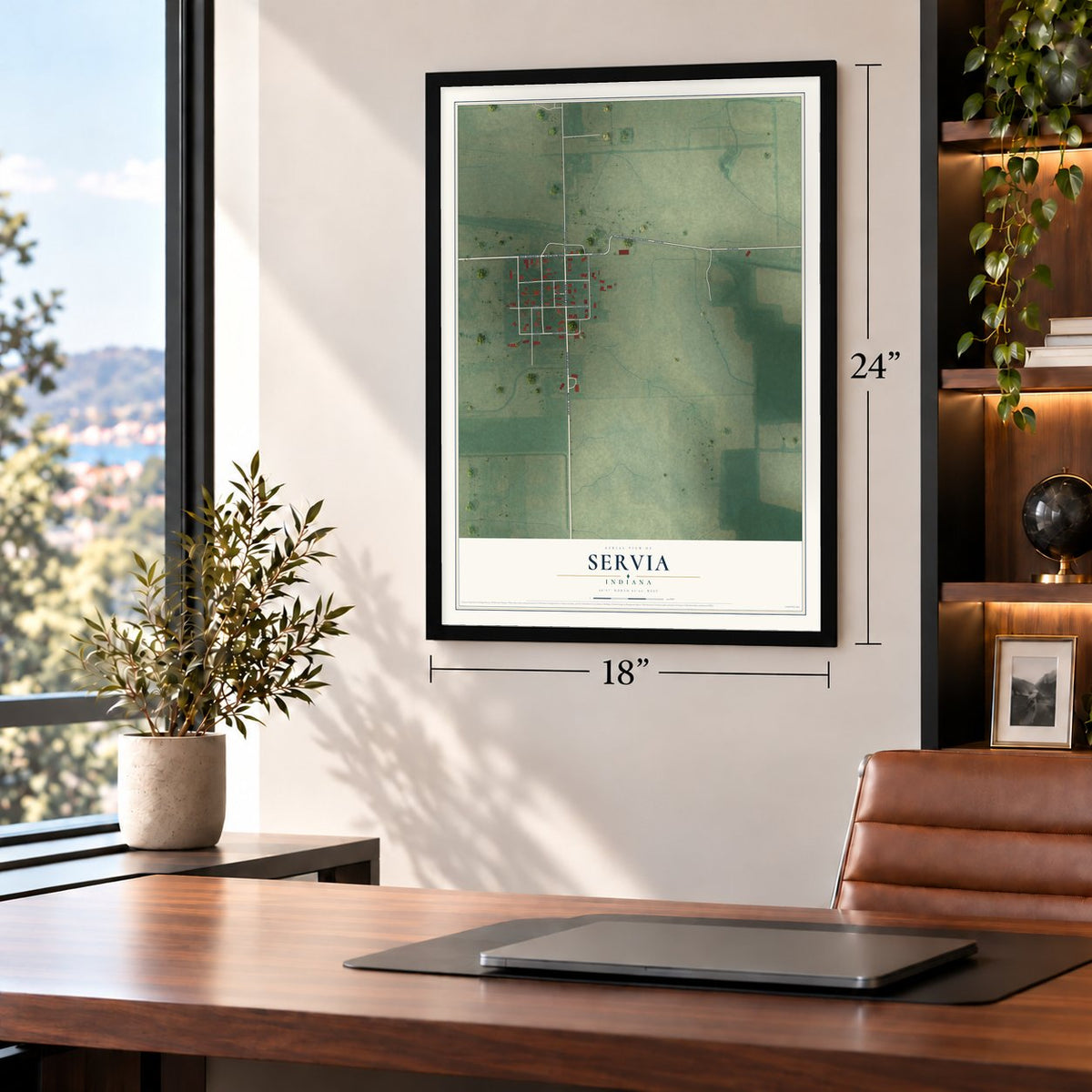 Servia, Indiana map, 18 x 24 inch print in a black frame in a home office