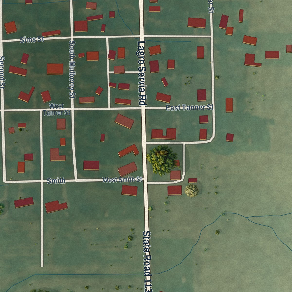 Close-up of the map of Servia, Indiana print showing street and building detail