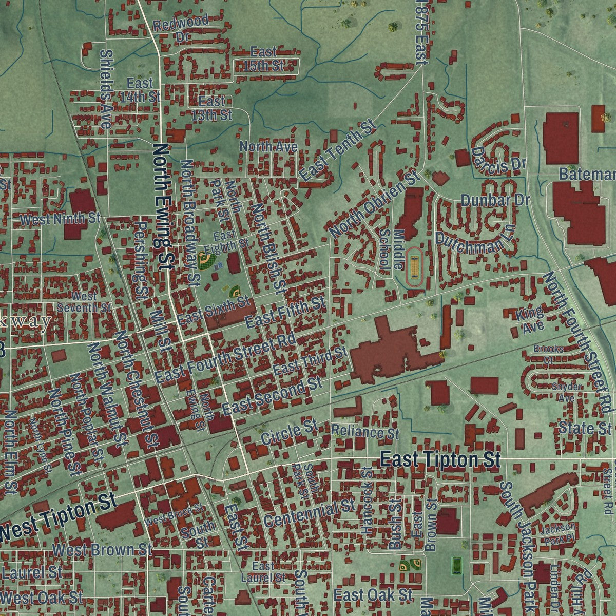 Close-up of the map of Seymour, Indiana print showing street and building detail