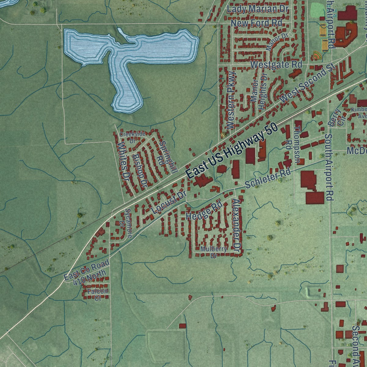 Second close-up of the map of Seymour, Indiana print showing more streets and buildings