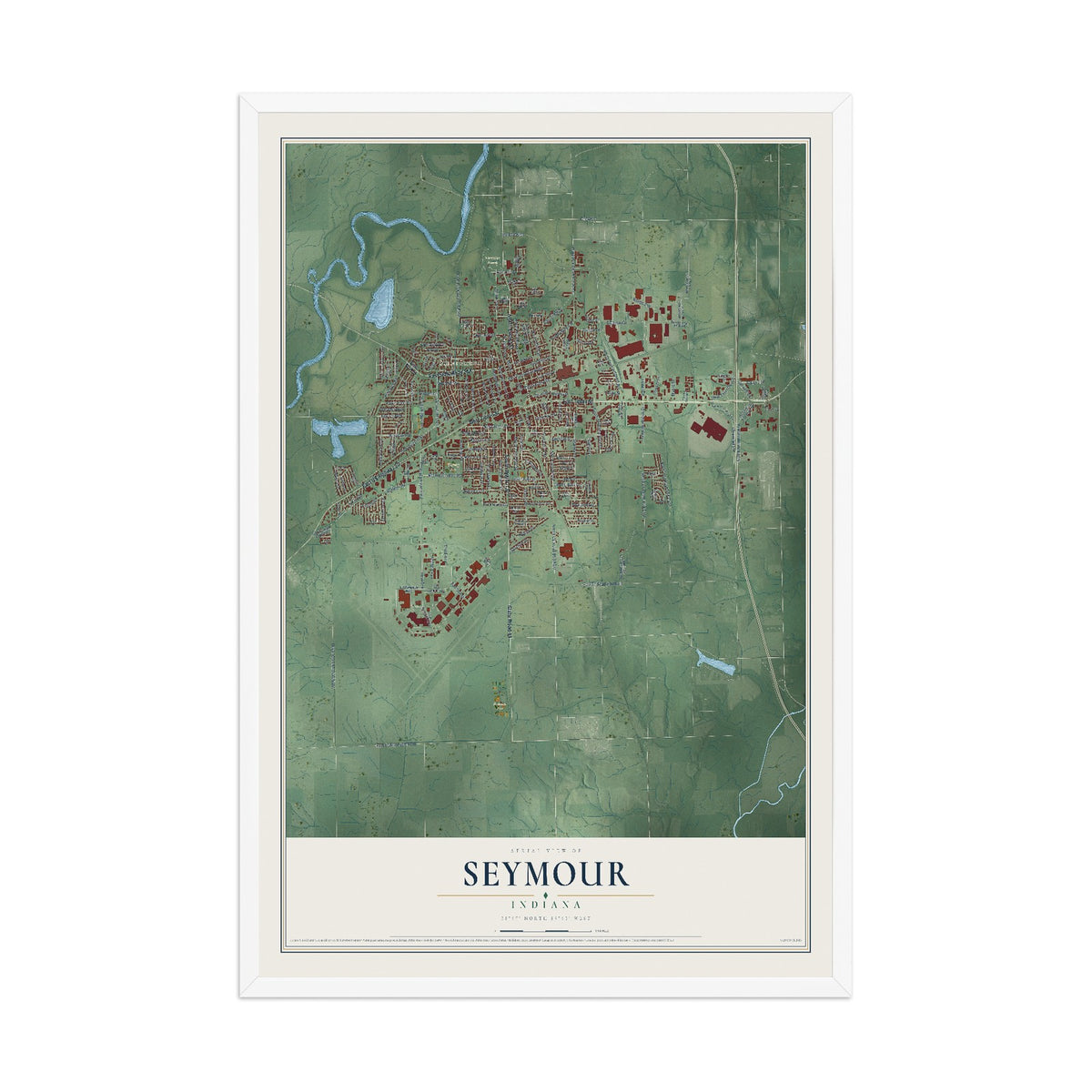 Map of Seymour, Indiana, 12 x 18 inch print in a white wood frame