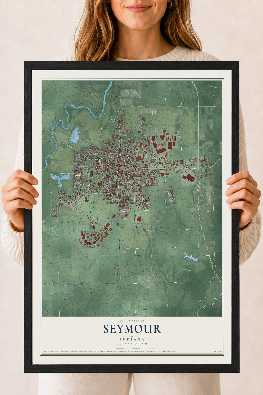 Map of Seymour, Indiana, 18 x 24 inch print in a black wood frame