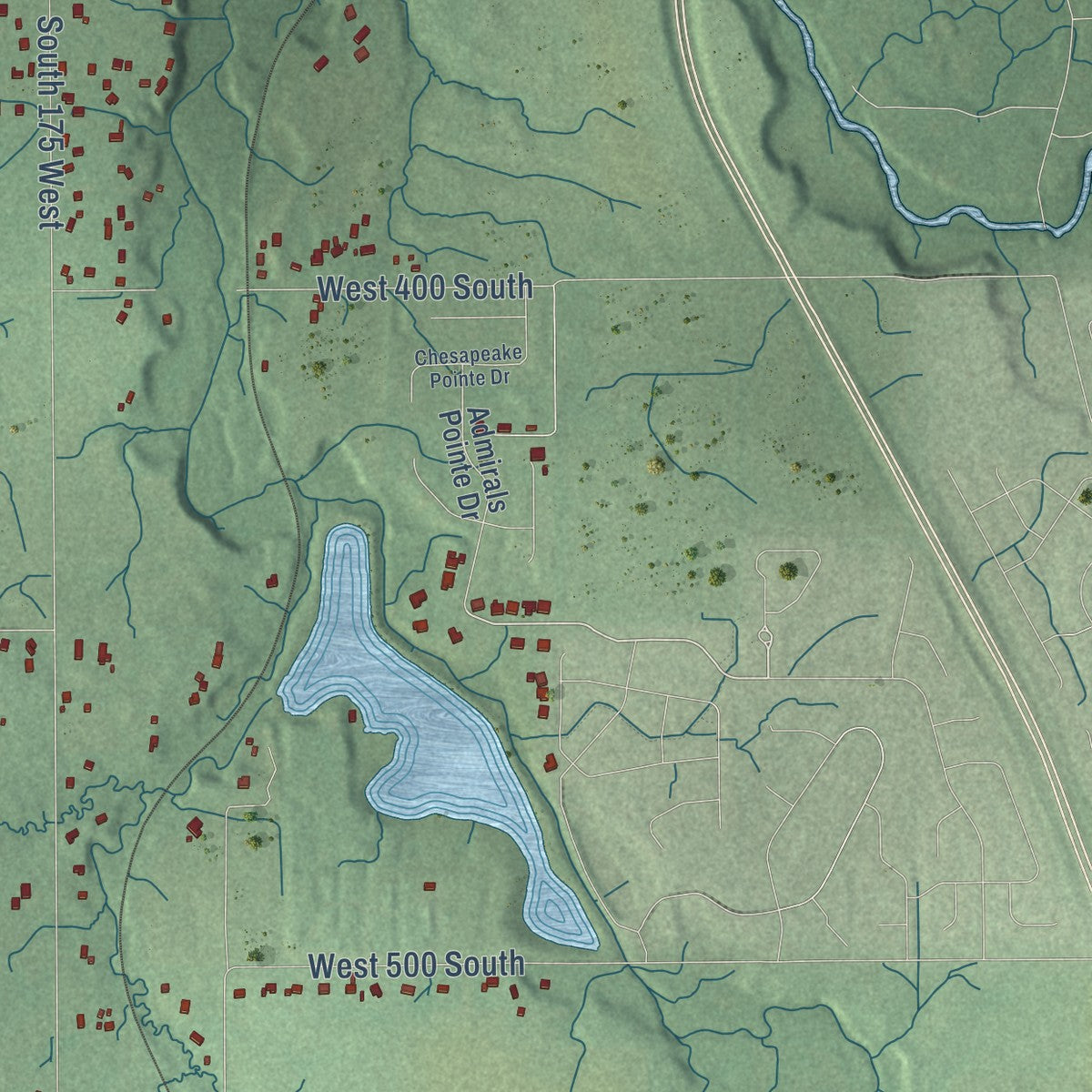 Second close-up of the map of Shadeland, Indiana print showing more streets and buildings
