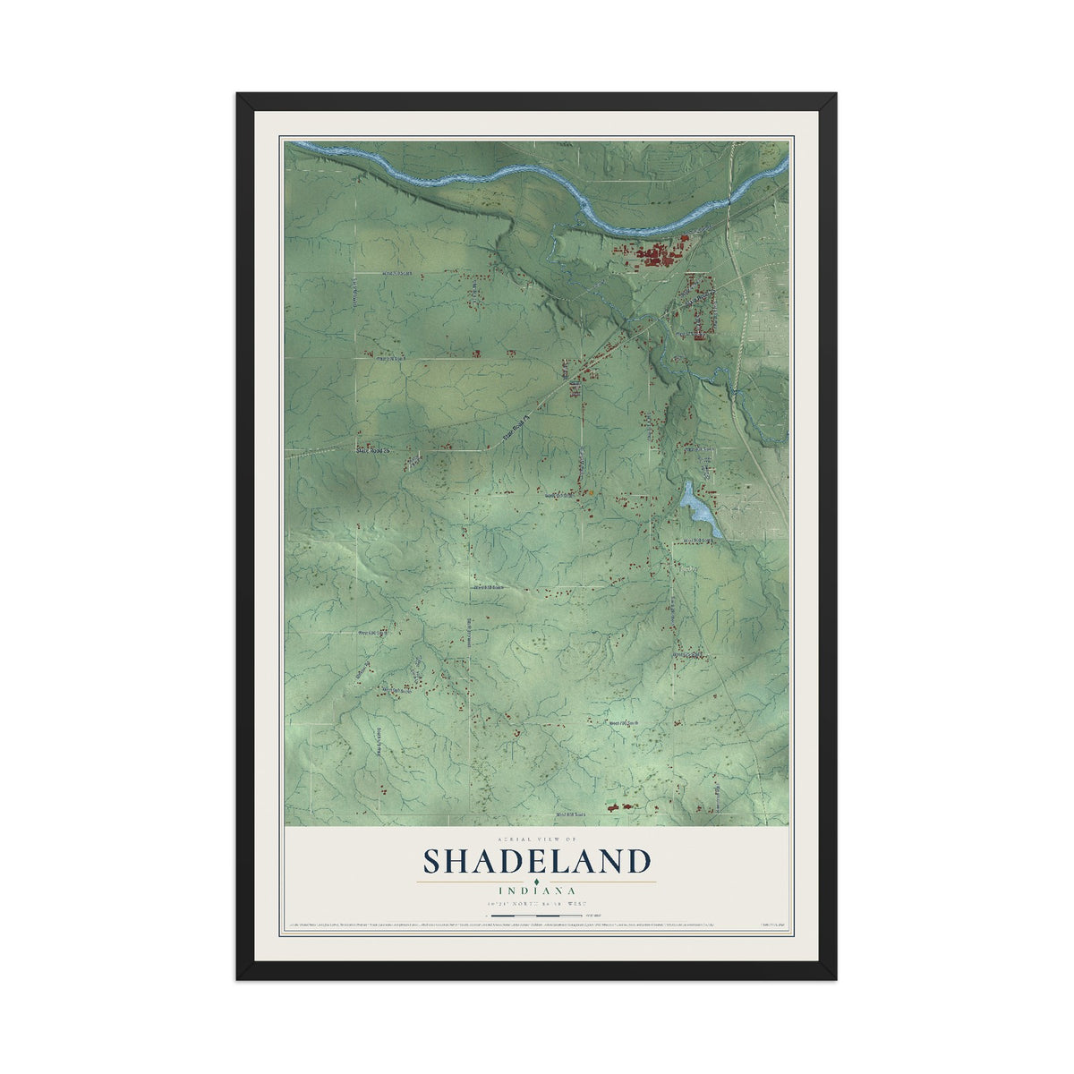 Map of Shadeland, Indiana, 12 x 18 inch print in a black wood frame