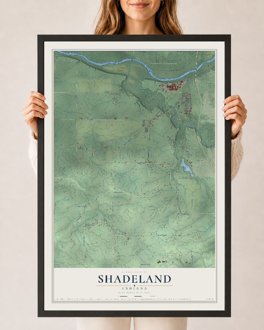 Map of Shadeland, Indiana, 24 x 36 inch print in a black wood frame