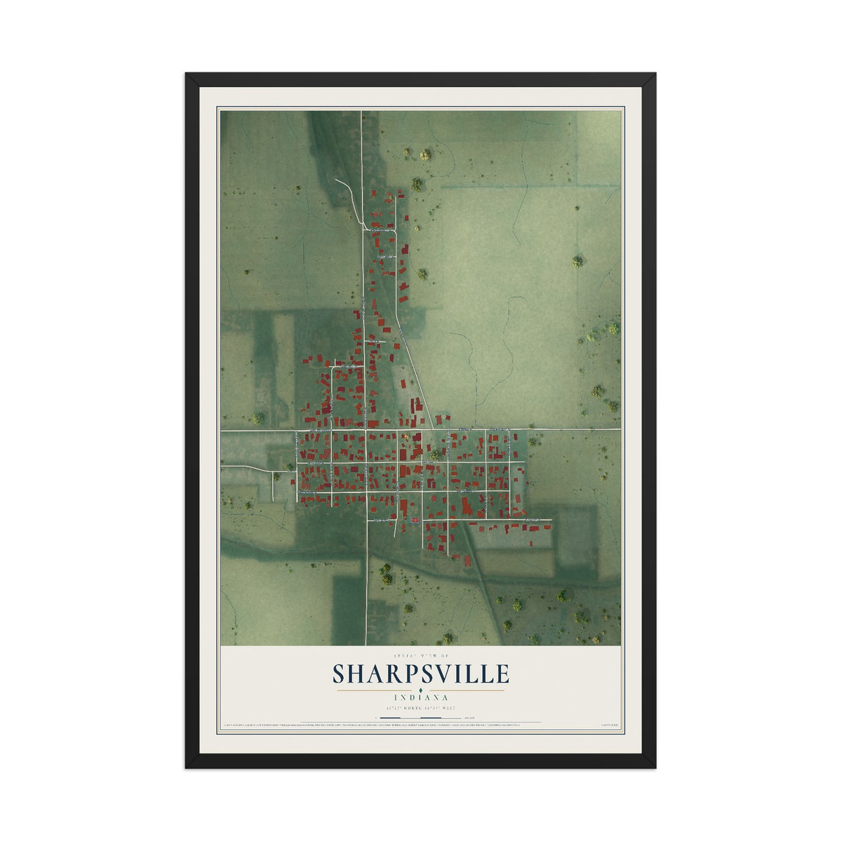 Map of Sharpsville, Indiana, 12 x 18 inch print in a black wood frame