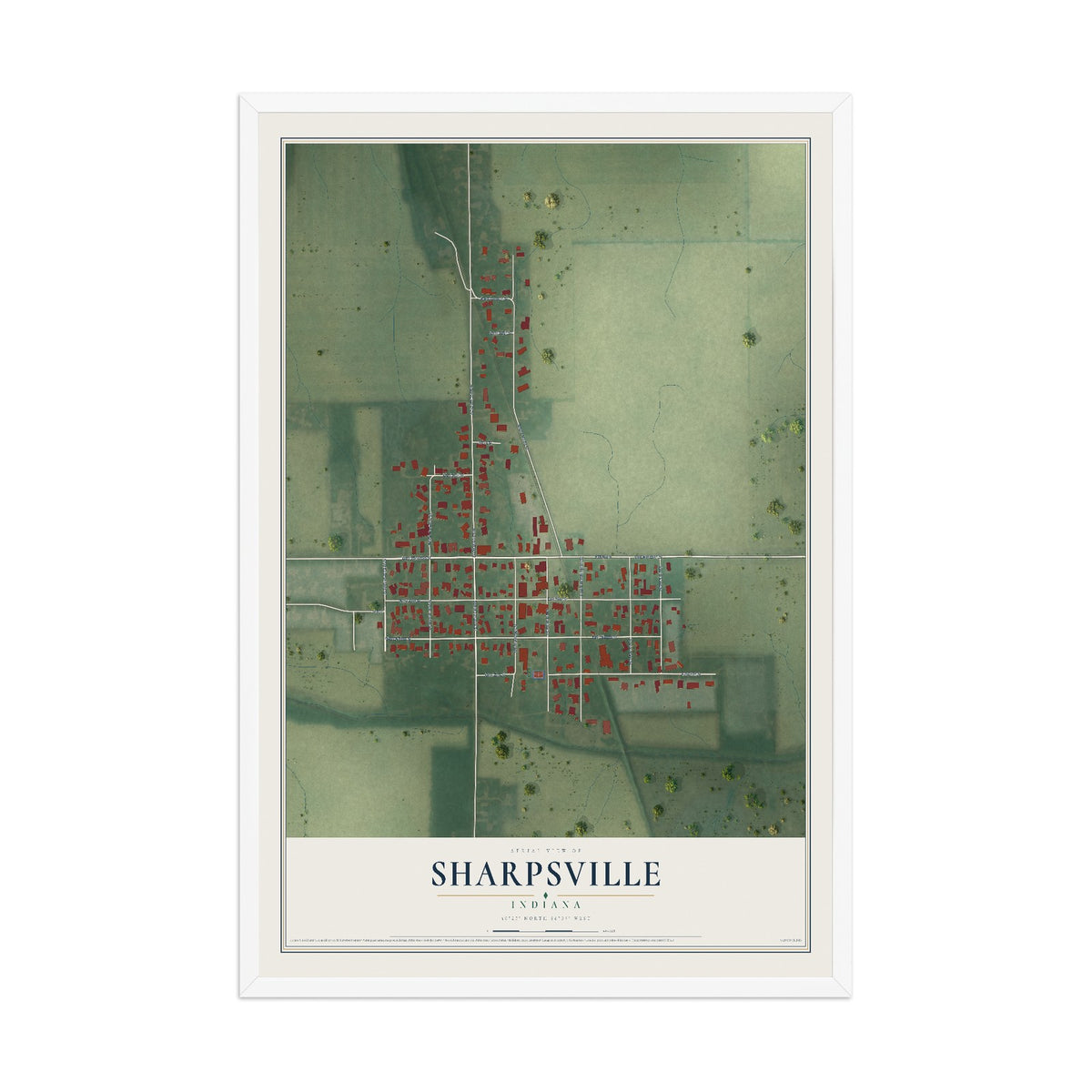 Map of Sharpsville, Indiana, 12 x 18 inch print in a white wood frame