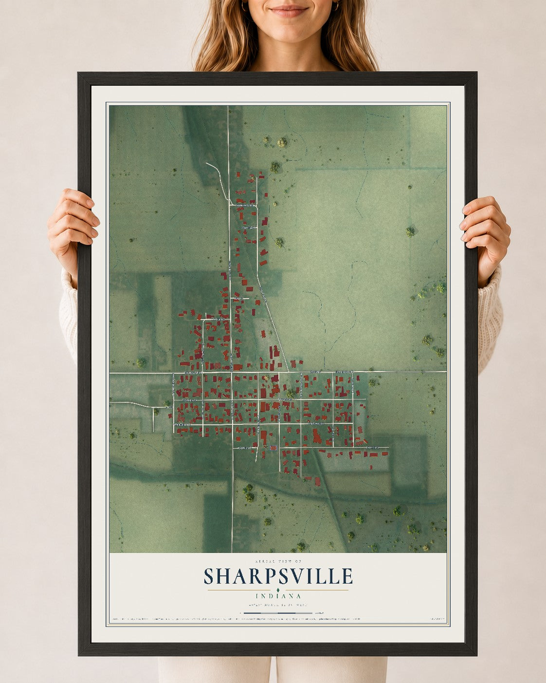 Map of Sharpsville, Indiana, 24 x 36 inch print in a black wood frame