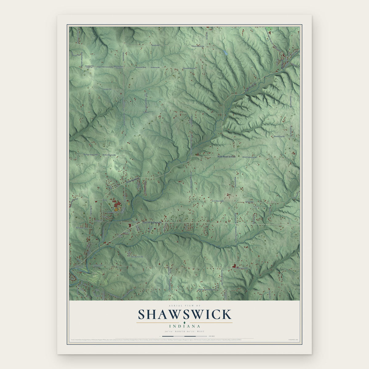 Shawswick, Indiana map print, the full design