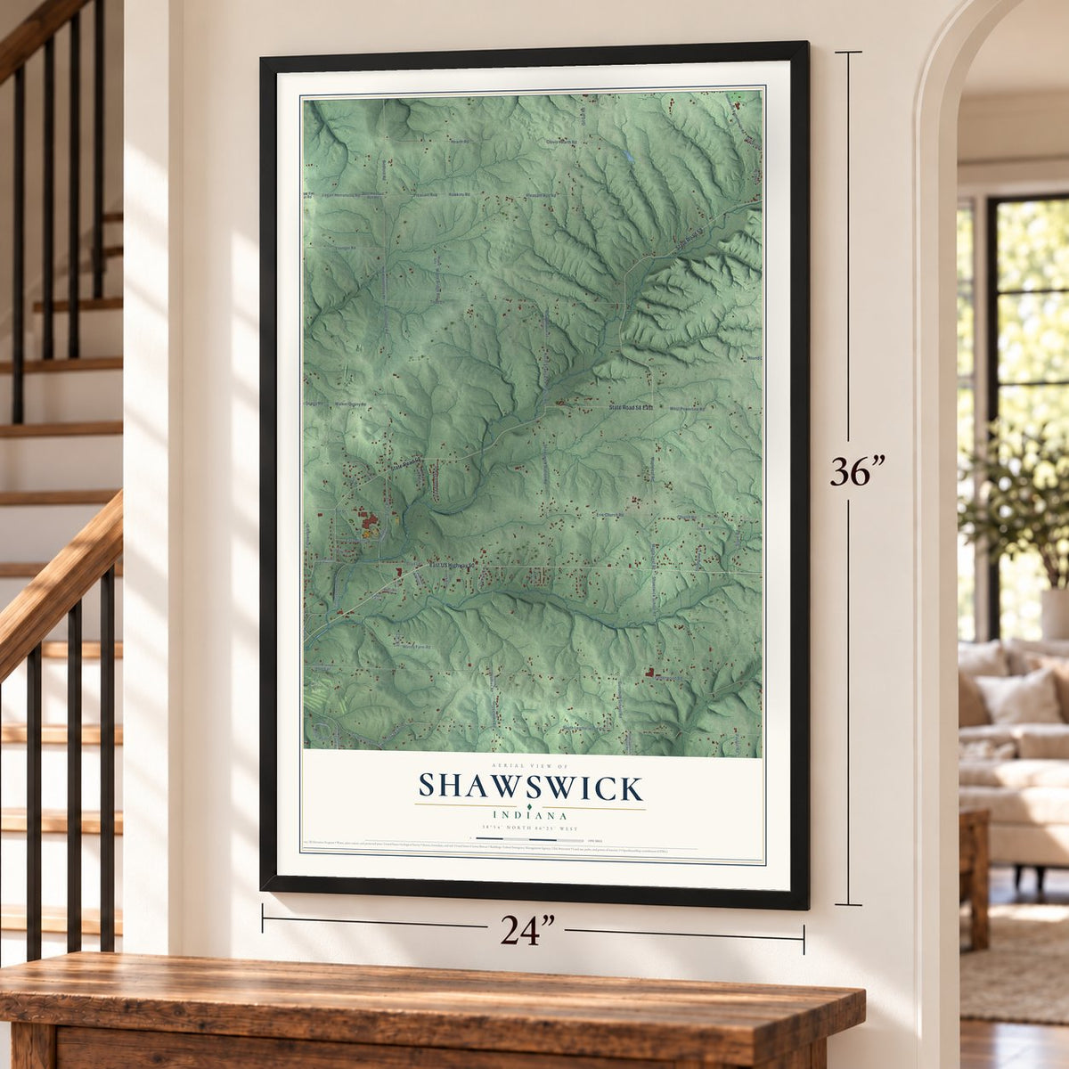 Shawswick, Indiana map, 24 x 36 inch print in a black frame by a staircase