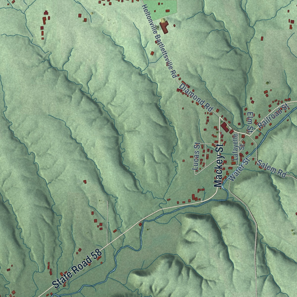 Close-up of the map of Shawswick, Indiana print showing street and building detail