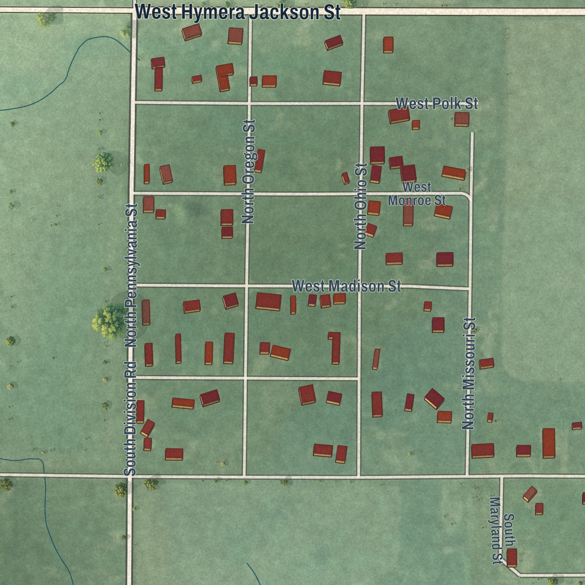 Second close-up of the map of Shelburn, Indiana print showing more streets and buildings
