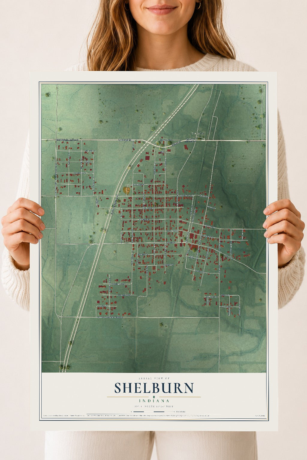 Map of Shelburn, Indiana, 18 x 24 inch unframed archival matte print