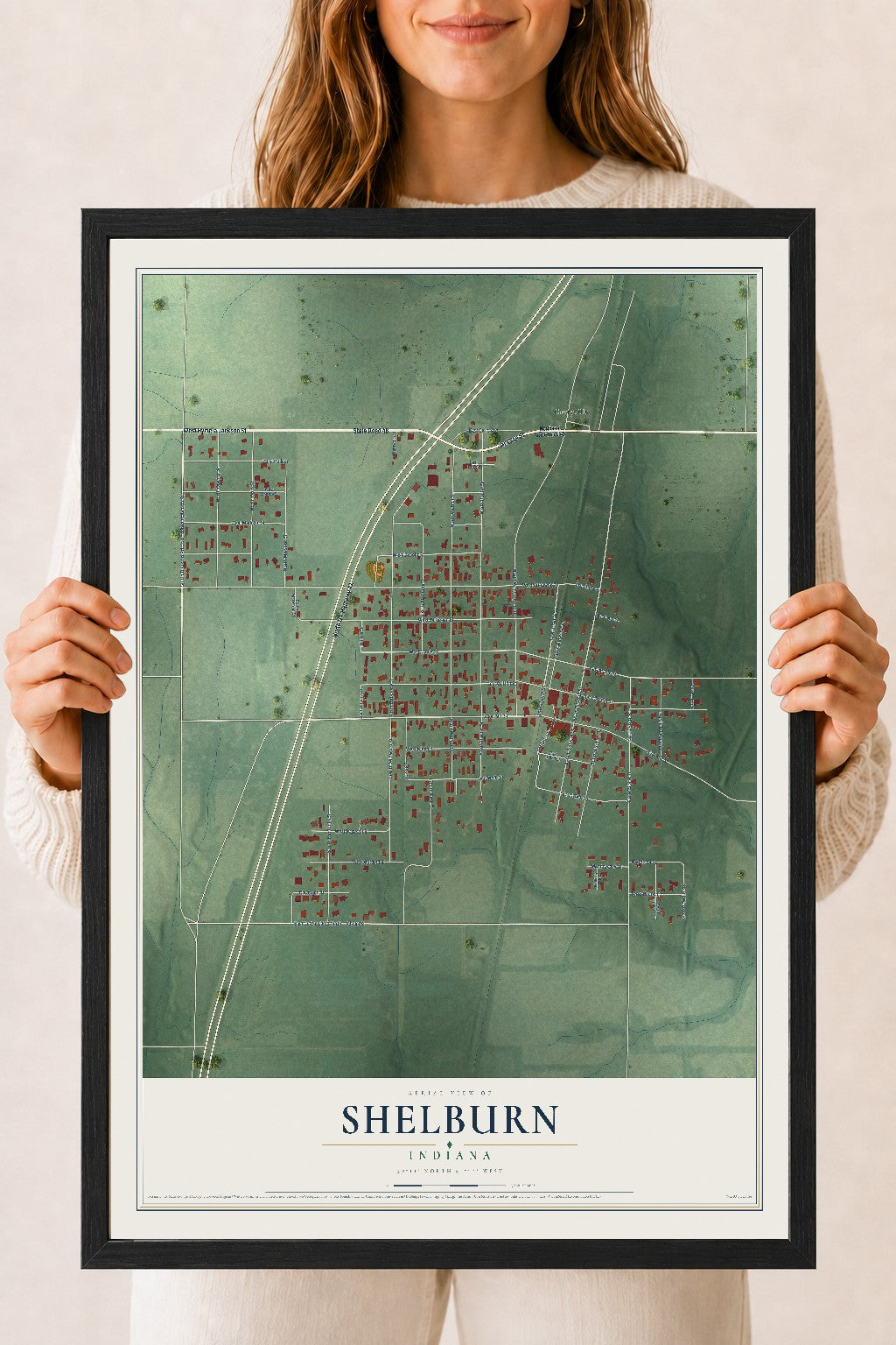 Map of Shelburn, Indiana, 18 x 24 inch print in a black wood frame