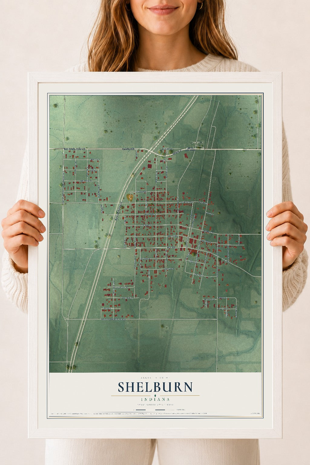 Map of Shelburn, Indiana, 18 x 24 inch print in a white wood frame