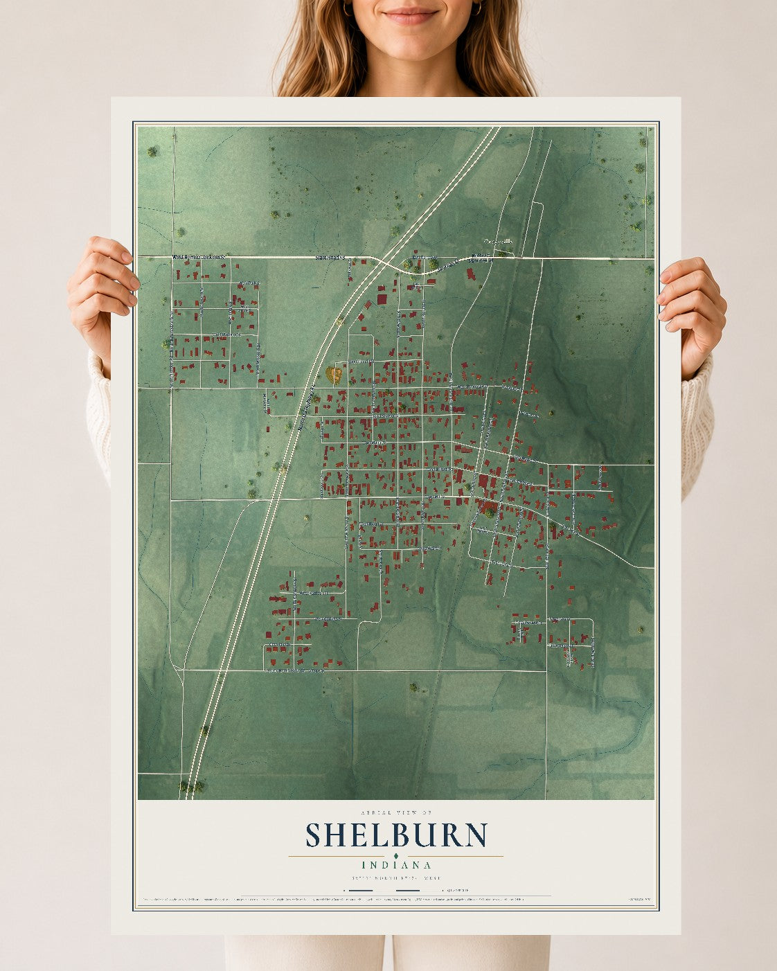 Map of Shelburn, Indiana, 24 x 36 inch unframed archival matte print