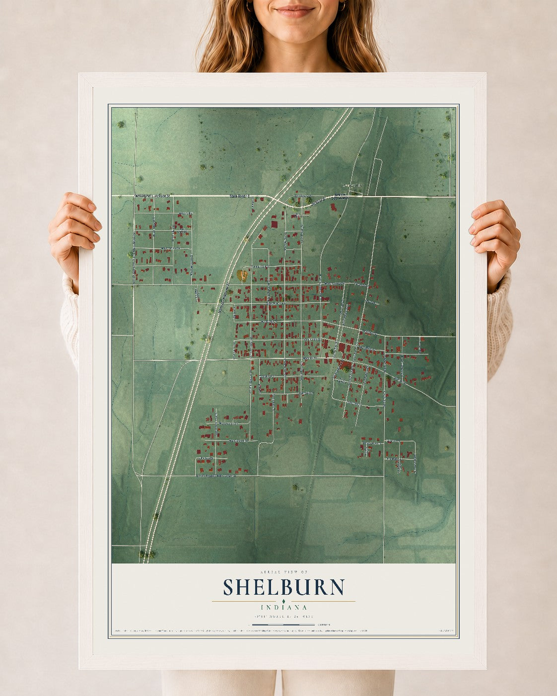 Map of Shelburn, Indiana, 24 x 36 inch print in a white wood frame