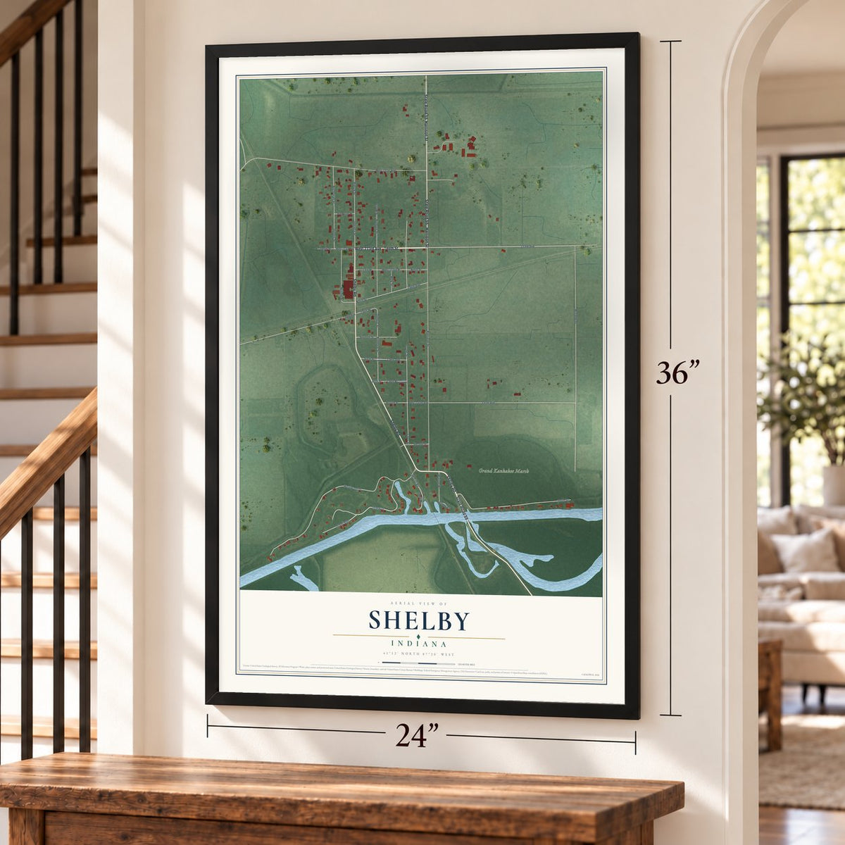 Shelby, Indiana map, 24 x 36 inch print in a black frame by a staircase