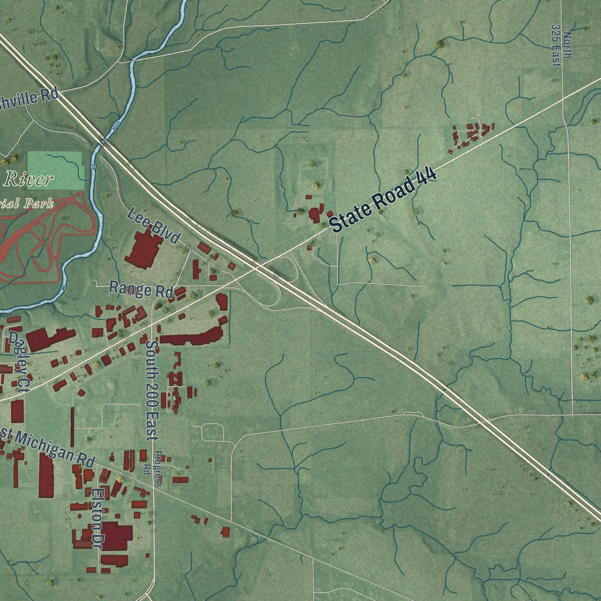 Second close-up of the map of Shelbyville, Indiana print showing more streets and buildings