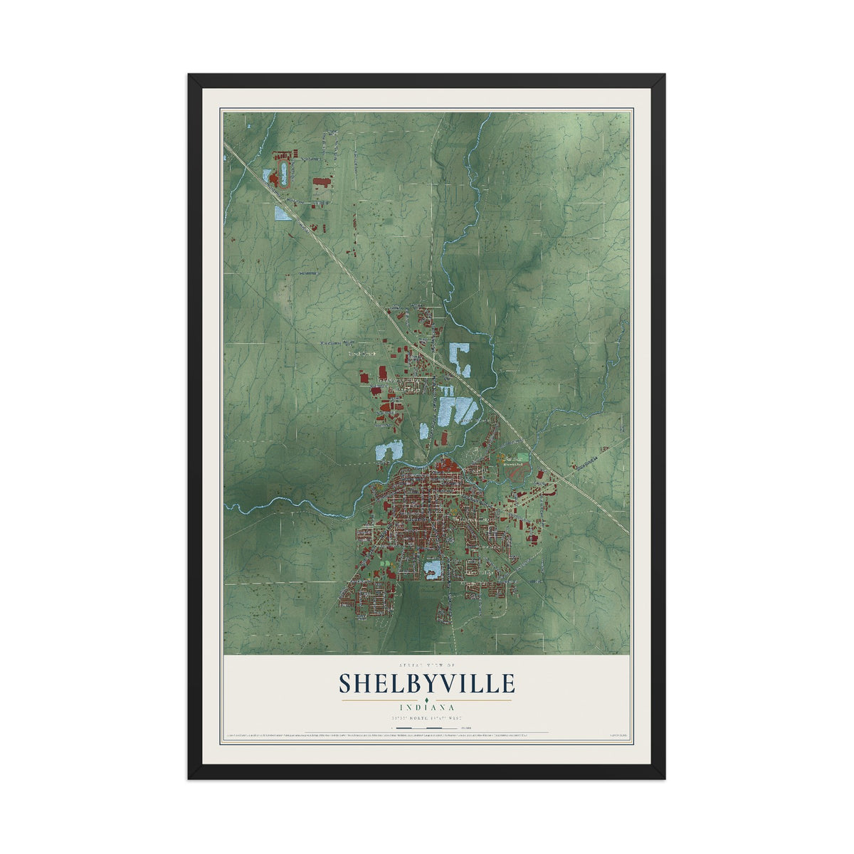 Map of Shelbyville, Indiana, 12 x 18 inch print in a black wood frame